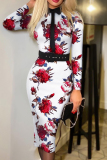 Light Khaki Fashion Casual Print Patchwork With Belt Turndown Collar Long Sleeve Dresses