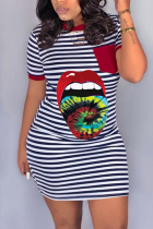 Wine Red Fashion Casual Printed Short Sleeve Dress