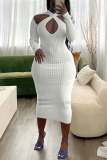Cream White Sexy Solid Hollowed Out Patchwork Asymmetrical Collar One Step Skirt Dresses