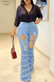 Baby Blue Fashion Casual Solid Ripped Split Joint High Waist Regular Denim Jeans