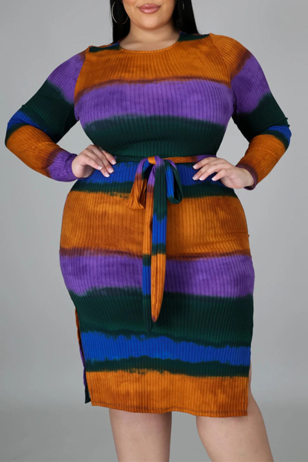 Colour Fashion Casual Print Slit With Belt O Neck Long Sleeve Plus Size Dresses