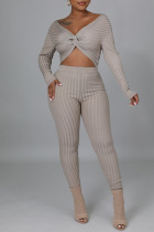 Grey Sexy Solid Patchwork Knotted V Neck Long Sleeve Two Pieces