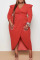 Rose Red Casual Solid Patchwork Fold Asymmetrical V Neck Princess Plus Size Dresses