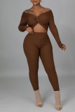 Coffee Sexy Solid Patchwork Knotted V Neck Long Sleeve Two Pieces