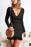 Black Acetyl fiber Fashion adult Street Cap Sleeve Long Sleeves V Neck Step Skirt Mini Patchwork Embroider