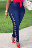 Medium Blue Fashion Casual Solid Hollowed Out Metal Accessories Decoration Mid Waist Regular Denim Jeans