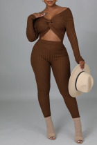 Coffee Sexy Solid Split Joint Knotted V Neck Long Sleeve Two Pieces