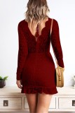 Wine Red Acetyl fiber Fashion adult Street Cap Sleeve Long Sleeves V Neck Step Skirt Mini Patchwork Embroider