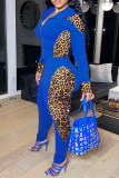 Blue Casual Print Leopard Patchwork Hooded Collar Long Sleeve Two Pieces