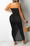 Black Silver Sexy Patchwork Hollowed Out See-through Backless Halter Sleeveless Dress