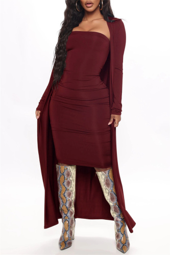 Red Sexy Casual Solid Basic Long Sleeve Two Pieces