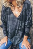 Blue Sexy V-Neck Loose Printed Long-Sleeved Top