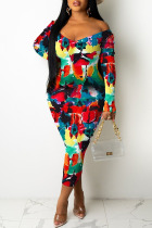 Multi-color Sexy Print Patchwork U Neck One Step Skirt Dresses