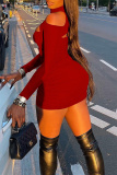 Red Fashion Sexy Solid Hollowed Out Turtleneck Long Sleeve Dresses