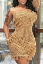 Brown Sexy Solid Tassel See-through One Shoulder Pencil Skirt Dresses