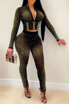 Gold Sexy Hot Drilling Patchwork V Neck Long Sleeve Two Pieces