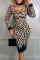 Leopard Print Sexy Print Patchwork O Neck One Step Skirt Plus Size Dresses