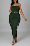Green Fashion Sexy Solid Tassel Patchwork Backless Strapless Long Dress