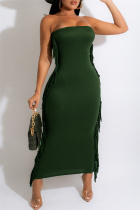 Green Fashion Sexy Solid Tassel Patchwork Backless Strapless Long Dress