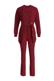 Red Fashion Casual Solid Cardigan Vests Pants Long Sleeve Three-piece Set