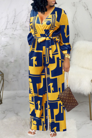 Yellow And Blue Casual Geometric Print Bandage Split Joint V Neck Straight Jumpsuits
