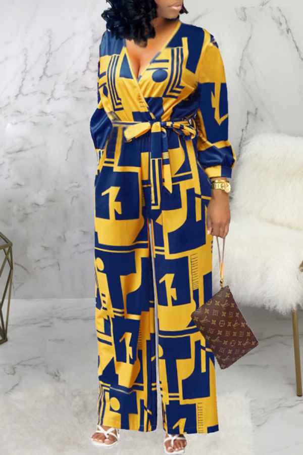 Yellow And Blue Casual Geometric Print Bandage Patchwork V Neck Straight Jumpsuits
