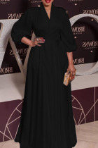 Black Elegant Solid Patchwork V Neck Straight Dresses