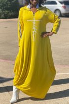 Yellow Casual Print Patchwork Zipper Turndown Collar Straight Dresses
