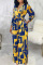 Yellow And Blue Casual Geometric Print Bandage Split Joint V Neck Straight Jumpsuits