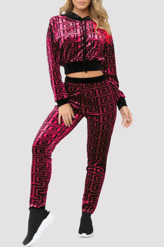 Red Fashion Casual Print Patchwork Hooded Collar Long Sleeve Two Pieces