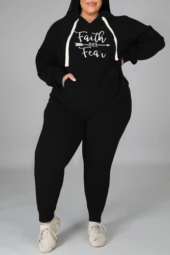 Black Casual Print Patchwork Hooded Collar Plus Size Two Pieces