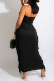 Black Fashion Sexy Solid Tassel Patchwork Backless Strapless Long Dress