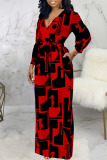 Black Red Casual Geometric Print Bandage Patchwork V Neck Straight Jumpsuits