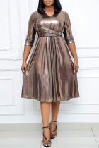 Brown Elegant Solid Patchwork V Neck A Line Dresses