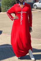 Red Casual Print Patchwork Zipper Turndown Collar Straight Dresses