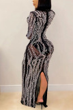 Black Sexy Geometric Patchwork See-through Hot Drill V Neck Pencil Skirt Dresses