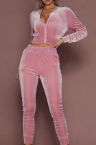 Pink Fashion Casual Solid Basic Zipper Collar Long Sleeve Two Pieces