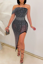 Black Sexy Hot Drilling Patchwork Off the Shoulder Irregular Dress Dresses