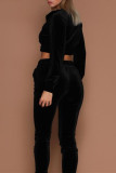 Black Fashion Casual Solid Basic Zipper Collar Long Sleeve Two Pieces
