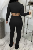 Black Sexy Solid Patchwork Turndown Collar Long Sleeve Two Pieces