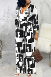 Black Red Casual Geometric Print Bandage Patchwork V Neck Straight Jumpsuits