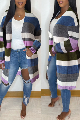 Purple Casual Striped Print Patchwork Outerwear