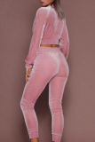 Pink Fashion Casual Solid Basic Zipper Collar Long Sleeve Two Pieces