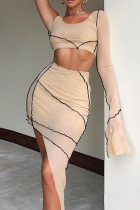 Apricot Sexy Solid Mesh One Shoulder Long Sleeve Two Pieces