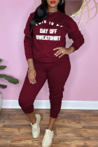 Burgundy Fashion Casual Letter Print Basic O Neck Long Sleeve Two Pieces