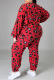 Red Casual Print Leopard Patchwork O Neck Plus Size Two Pieces
