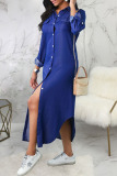 Blue Casual Solid Patchwork Buckle Turndown Collar Shirt Dress Dresses