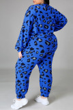 Yellow Casual Print Leopard Patchwork O Neck Plus Size Two Pieces