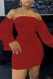 Red Fashion Sexy Solid Patchwork Backless Strapless Long Sleeve Dresses