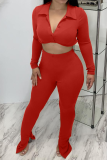 Red Sexy Solid Patchwork Turndown Collar Long Sleeve Two Pieces